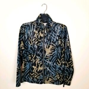 Erin London black blue tan zipper jacket funnel neck shiny artsy contemporary MP